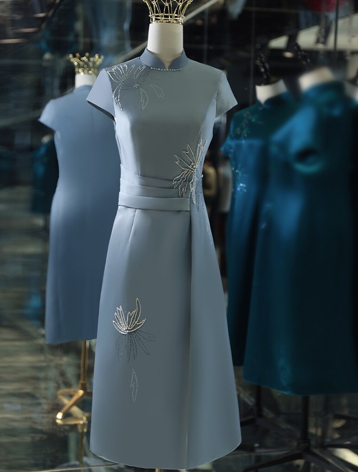 Luolandi A-Line Cocktail Dresses Elegant Dress Wedding Party Tea Length Short Sleeve Stand Collar Satin